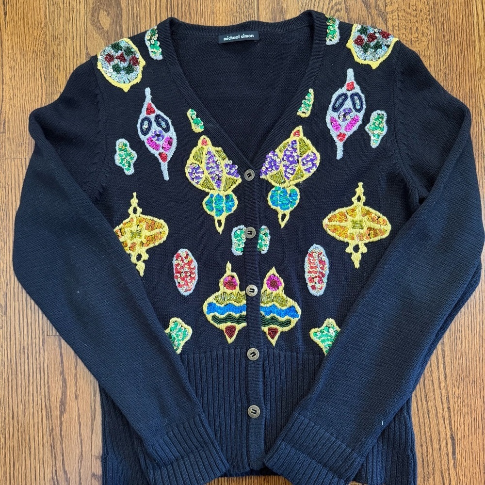 Michael Simon Black Cardigan V Neck Sweater Sequin Ornamental Size Small